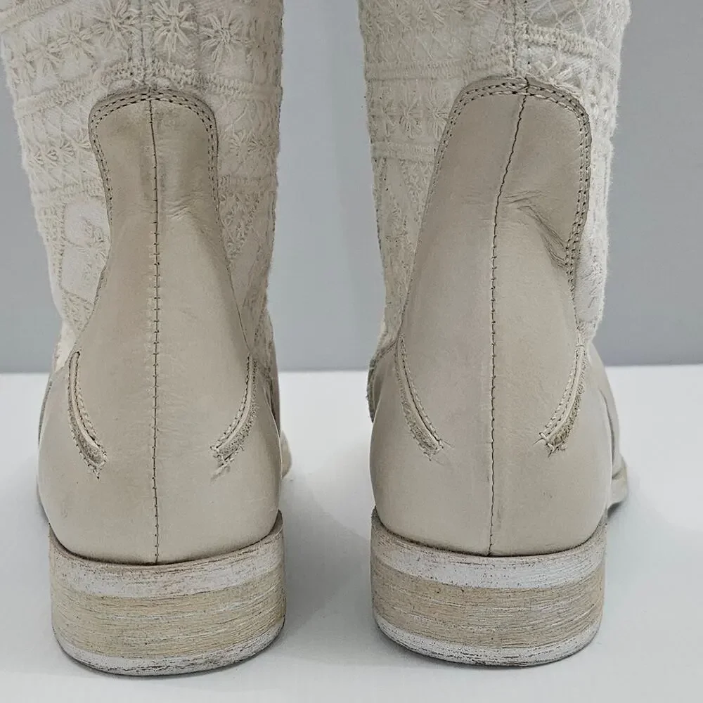 Free People Bren Knee High Boot Womens EU 38 Cream Embroidered Boho Slouchy NEW